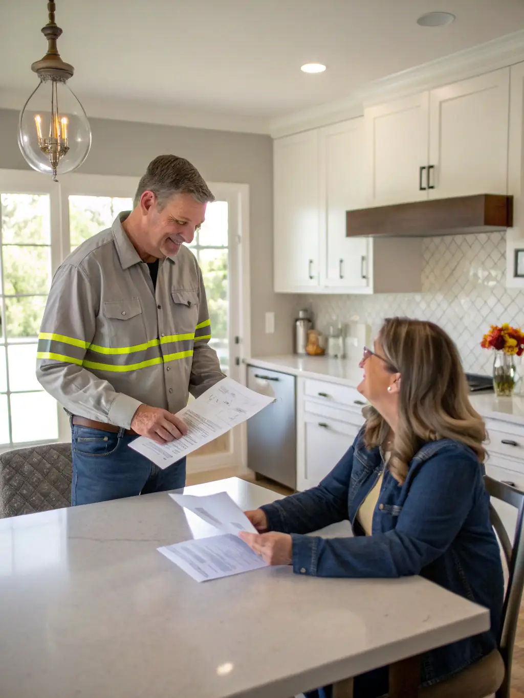 A portrait image of a smiling Watkins Fine Finishes craftsman in uniform, holding a color swatch book and consulting with a homeowner in a well-lit, modern kitchen.