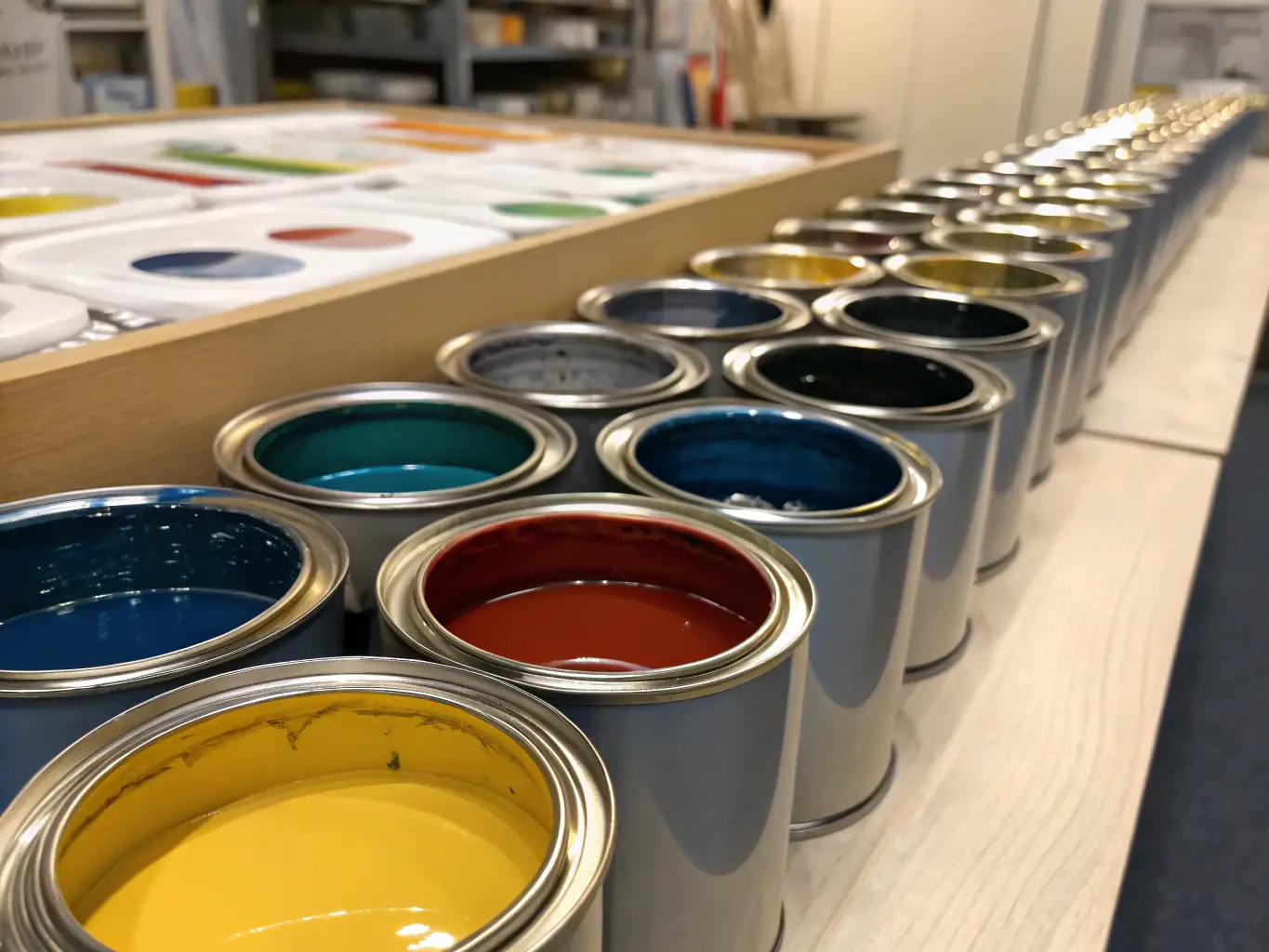 A display of high-end, eco-friendly paint cans and brushes arranged on a marble countertop, emphasizing the use of premium, safe materials in a luxury home setting.