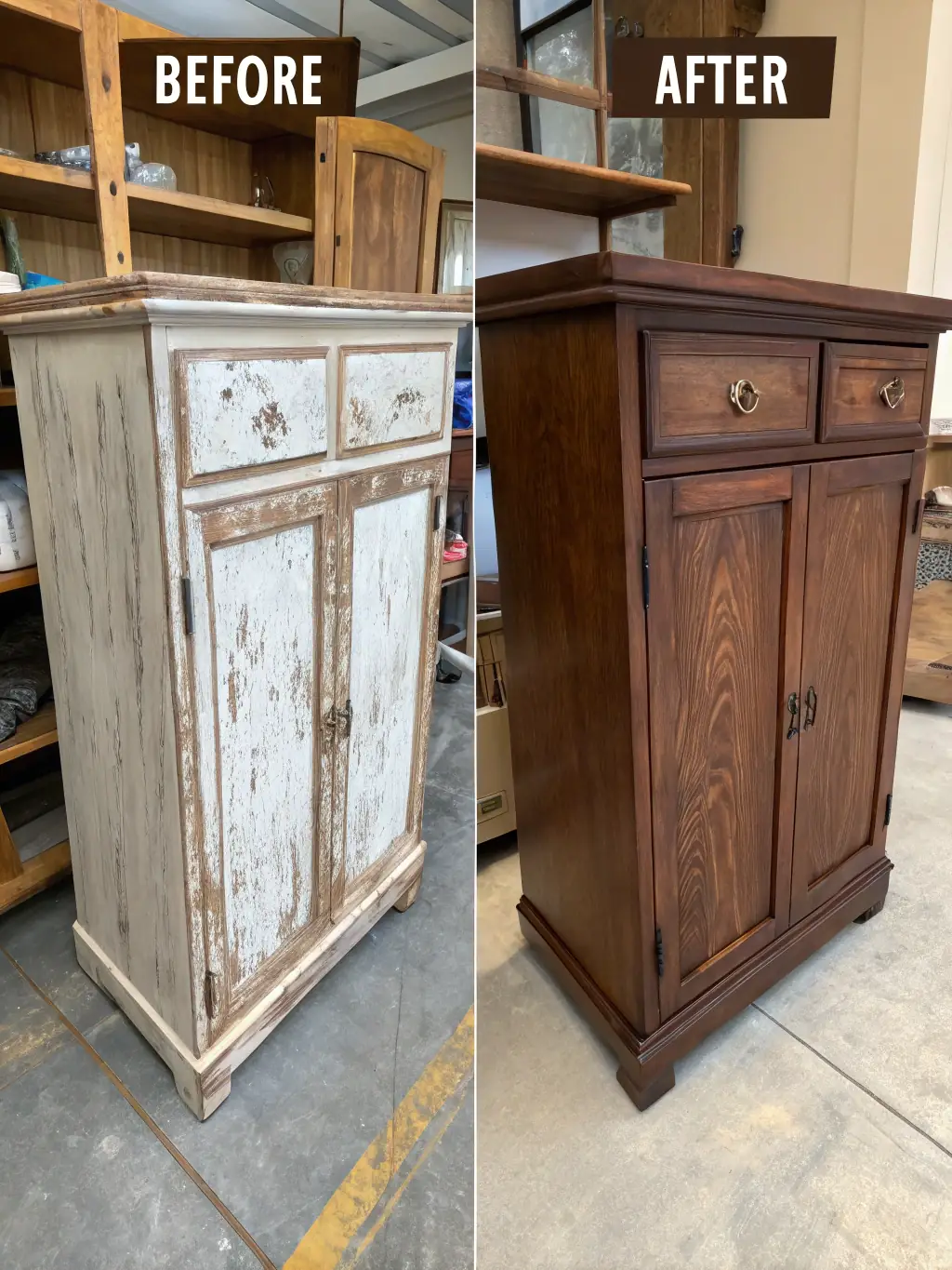 An image showing a dramatic before-and-after comparison of kitchen cabinets, highlighting the transformation achieved through professional refacing and replacement in a stylish home.