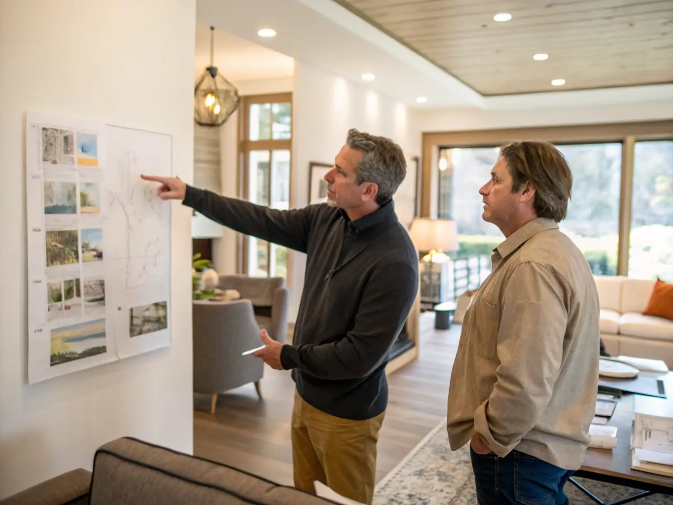 A professional designer consulting with a homeowner over a palette of luxury paint swatches in a sunlit, modern living room, conveying a personalized color consultation experience.