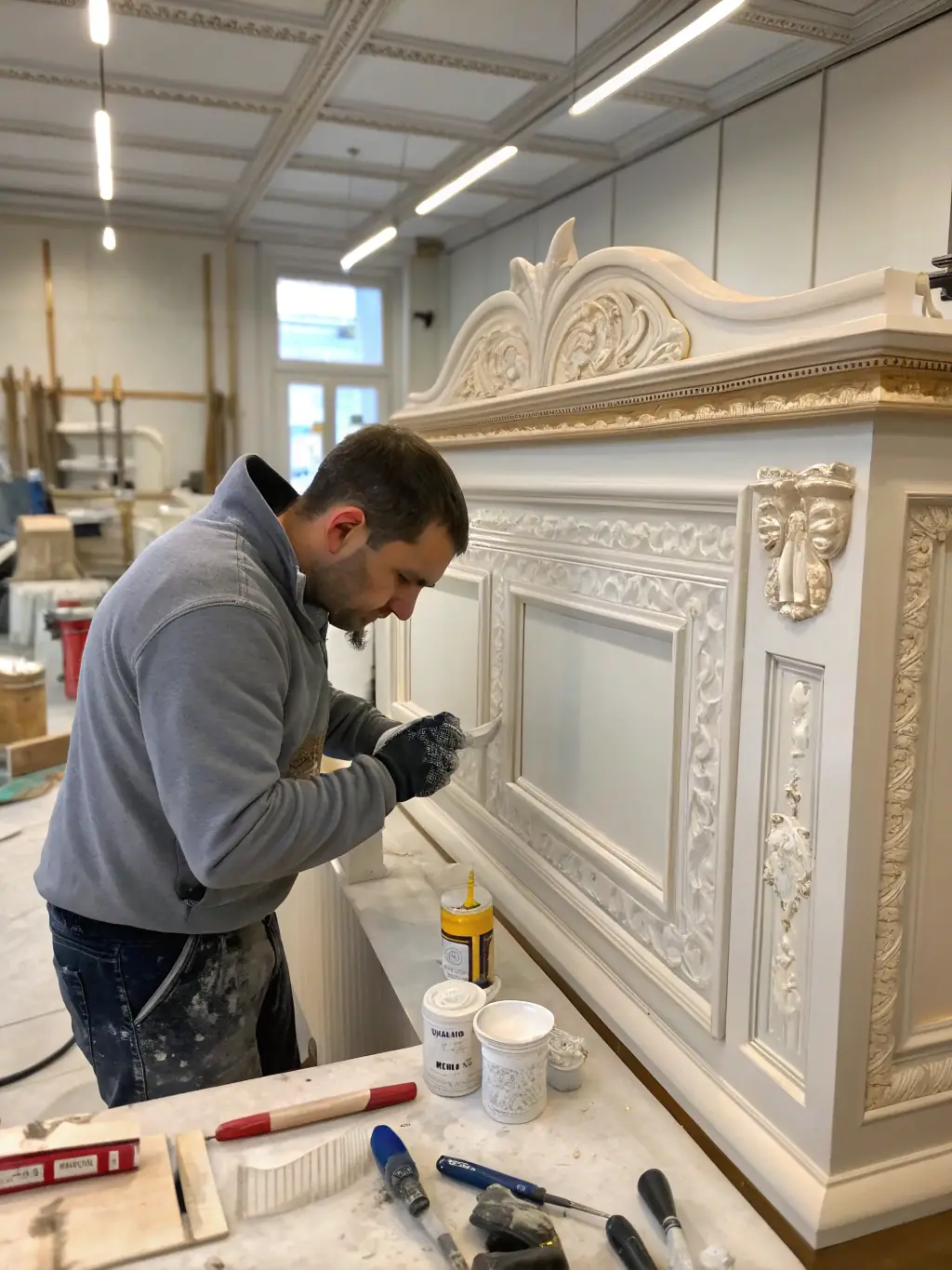 A close-up photo of a craftsman in a navy apron carefully installing a custom cabinet door with elegant gold hardware in a bright, modern kitchen, emphasizing precision and luxury.