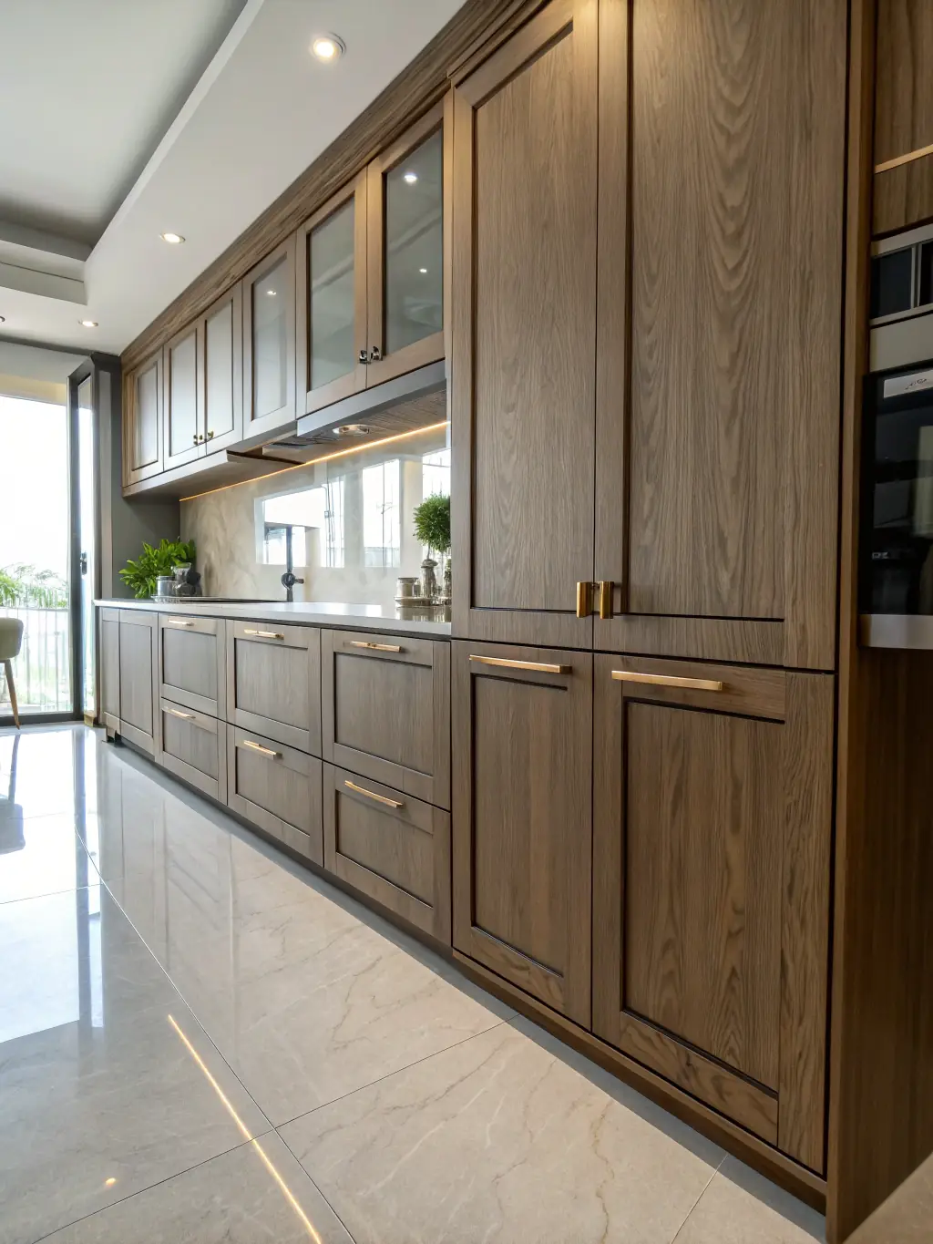 A close-up image of beautifully refinished kitchen cabinets with a glossy, smooth finish in a modern, upscale kitchen setting, emphasizing craftsmanship and luxury.