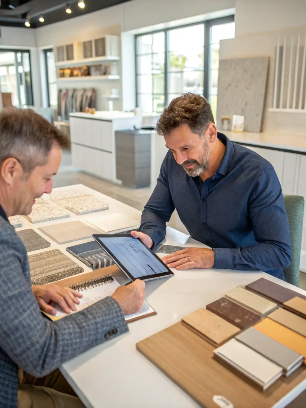 A Watkins Fine Finishes team member consulting with a client in a modern kitchen, reviewing design samples and color swatches together at a marble island.