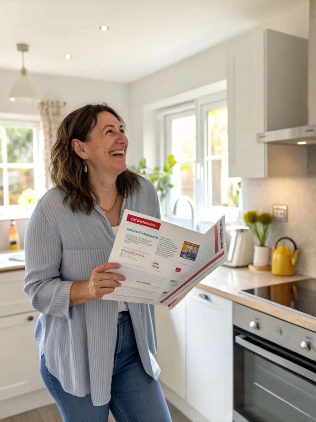 A satisfied homeowner admiring their newly refaced cabinets, with a reflection of natural light highlighting the smooth, factory-quality finish.