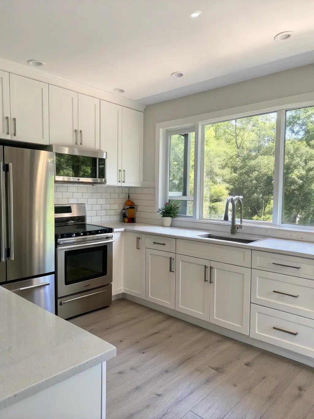 A beautifully lit kitchen featuring new, high-gloss white cabinets with seamless edges and soft-close drawers, styled with marble countertops and designer lighting.