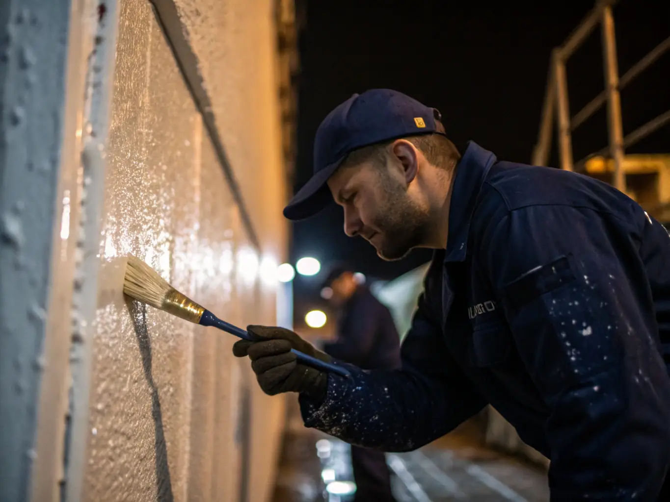 Close-up of a painter’s hand applying smooth, even strokes of premium paint on a pristine wall, with high-end tools and natural light highlighting the flawless finish.
